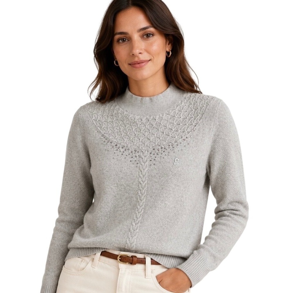 Montagut Paris 100% Cashmere Mock Neck Sweater Gray Rhinestone Cable Luxe Size S